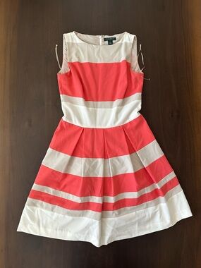 Lauren Ralph Lauren Striped Fit Flare Coral Pink Dress Pleated A Line Womens 8
